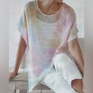 Pure Jill J Jill Poncho 100% Linen Pastel Watercolor Top Loose Boxy, size M-L